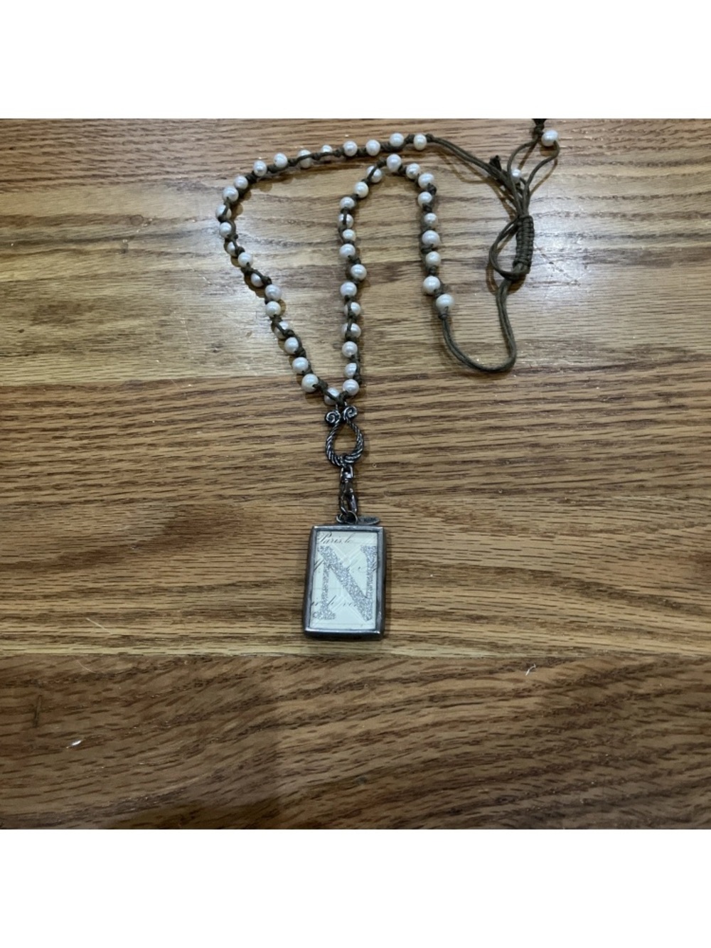 Jewel Kade “N” Initial Charm Necklace Faux Pearl Adjustable Silver 16” Drop. GUC